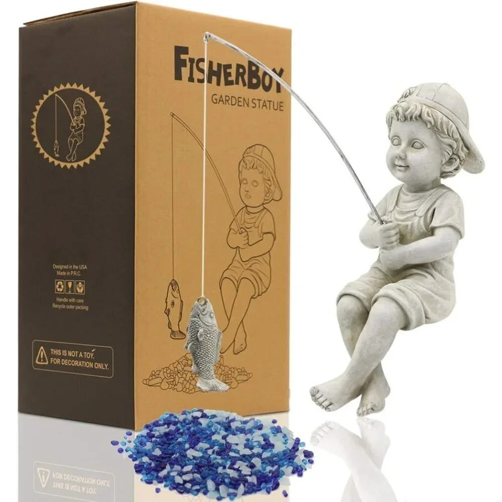 Polyresin Outdoor Statue Fisherman Figurine Sculpture Gardening Gifts 11" inches